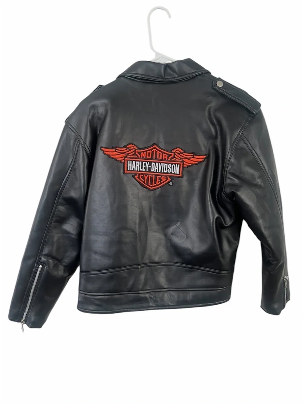 Harley-Davidson Black Faux Leather Biker Jacket with Orange Logo Accent
